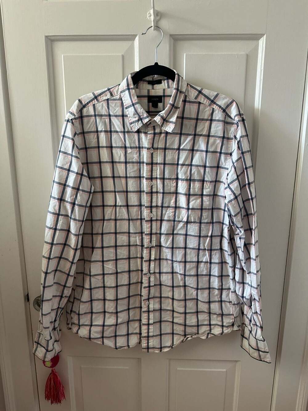 J. Crew Mens Slim Pink Navy Blue Plaid Long Sleeve Button Down Collard Shirt Med